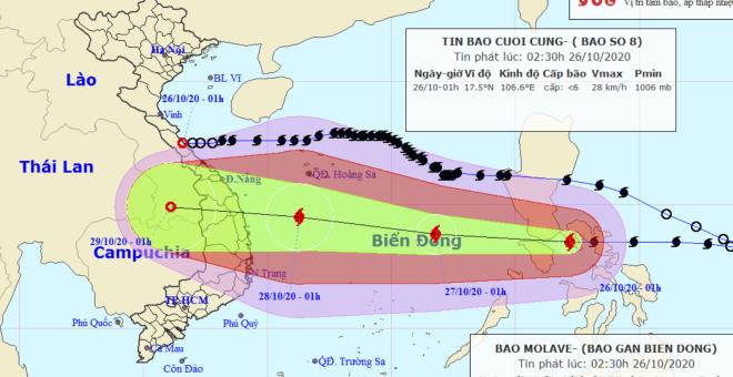 Dự báo thời tiết ngày 26/10: Bão Molave tiếp tục hướng vào Nam Trung Bộ và có dấu hiệu mạnh thêm