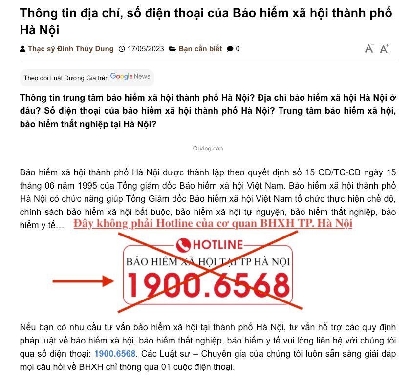 Mạo danh số điện thoại đường dây nóng của Bảo hiểm xã hội Hà Nội để thu cước phí