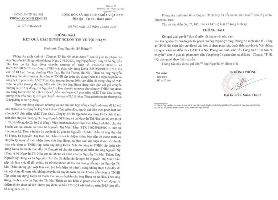 Cần làm rõ dấu hiệu chiếm đoạt tài sản trong thương vụ mua bán cổ phần của Công ty AMC Toàn Cầu