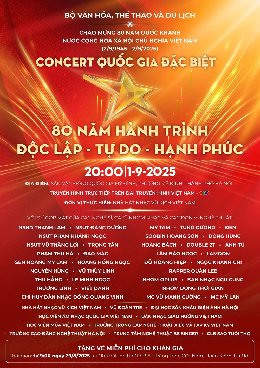 Ngày mai (29/8), phát vé miễn phí concert quốc gia đặc biệt “80 năm hành trình Độc lập - Tự do - Hạnh phúc”