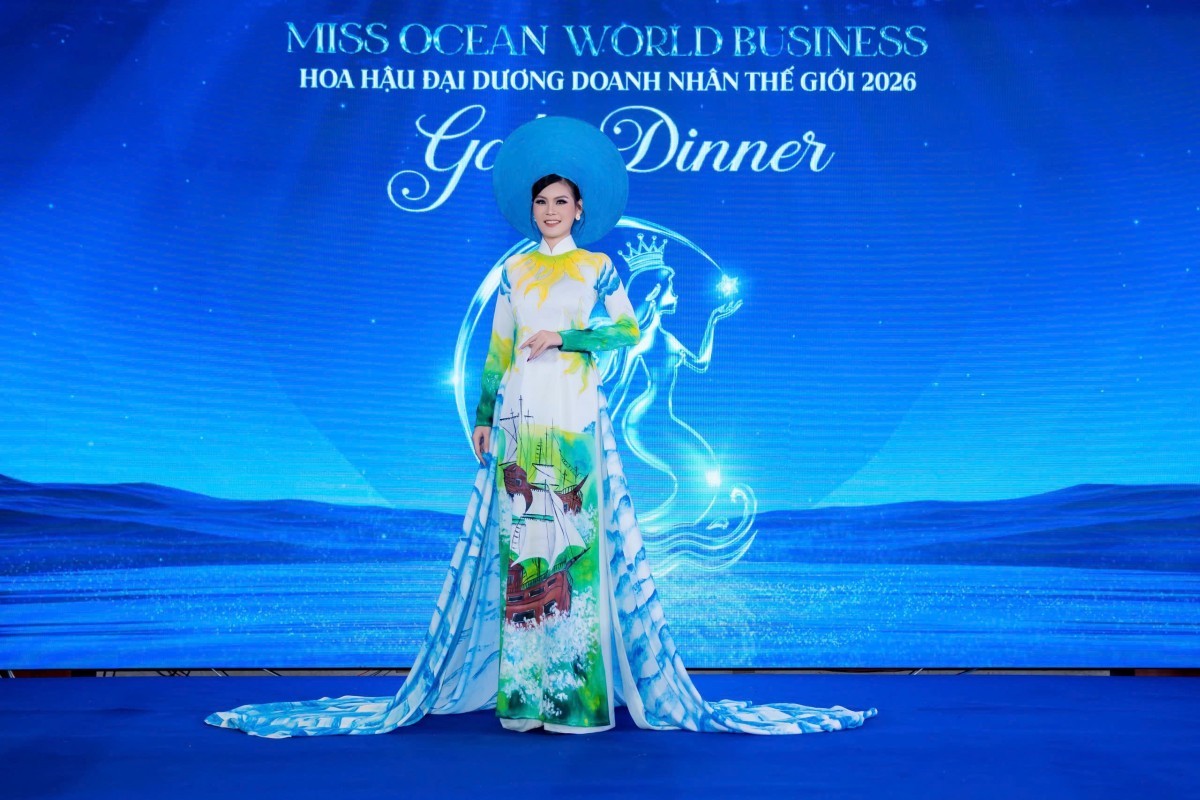 Áo dài đấu giá 500 triệu đồng lan tỏa giá trị nhân ái tại Hoa hậu Đại dương Doanh nhân Thế giới 2026