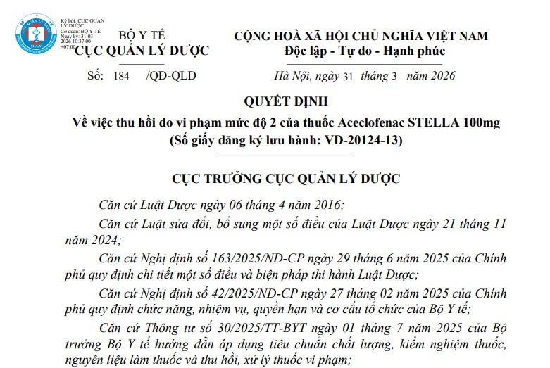 Thu hồi lô thuốc Aceclofenac STELLA 100mg toàn quốc do không đạt chuẩn chất lượng